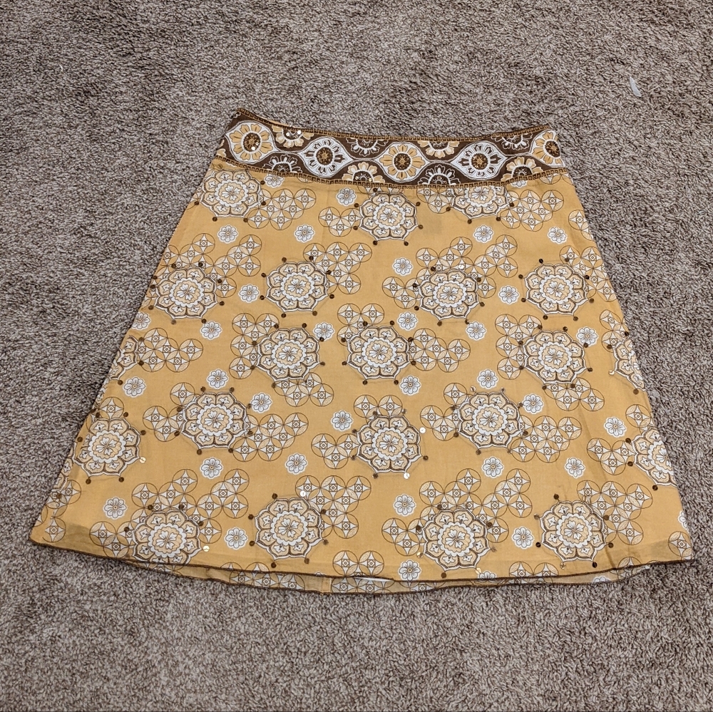 Vintage yellow and brown bohemian hippie flower patterned midi skirt